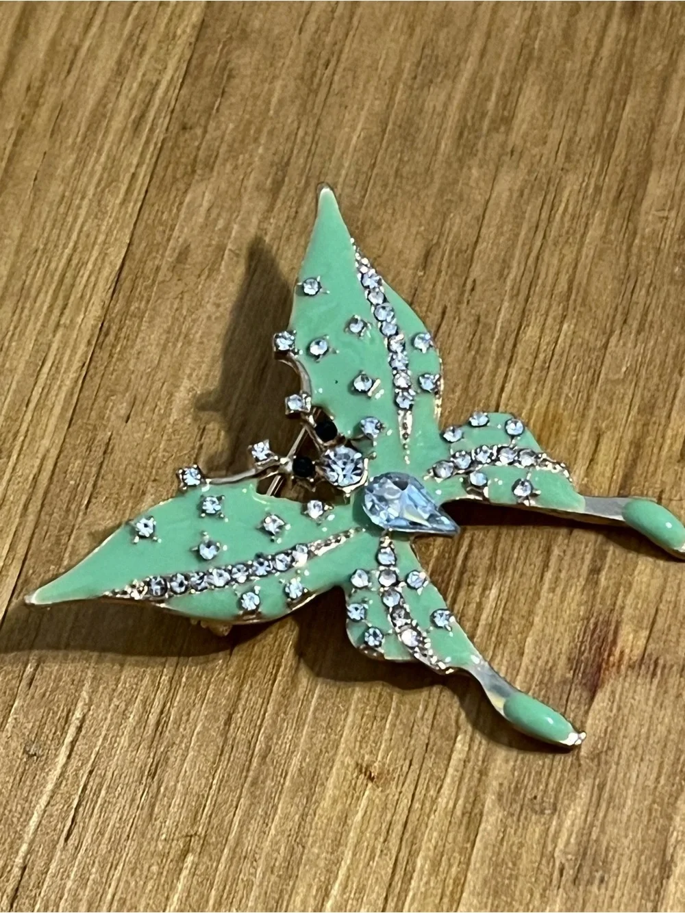 Mint green monarch butterfly brooch gold tone mintgreen enamel rhinestone 1 1/2”